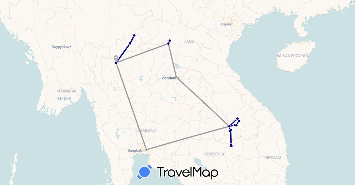 TravelMap itinerary: driving, plane, boat in Laos, Thailand (Asia)